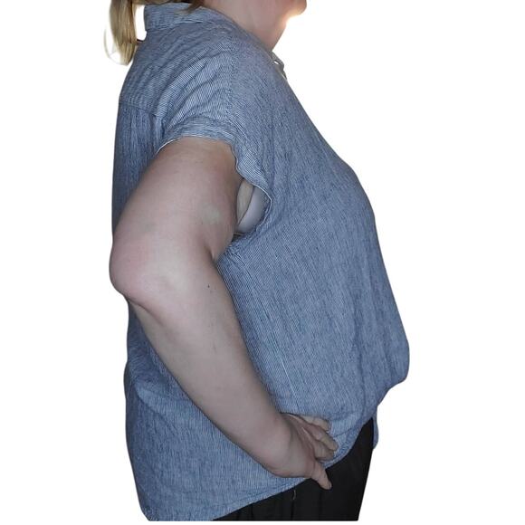 Weatherproof Vintage Size XXL Linen Blend Blue Striped Tie Front Button Up Shirt - Picture 2 of 9